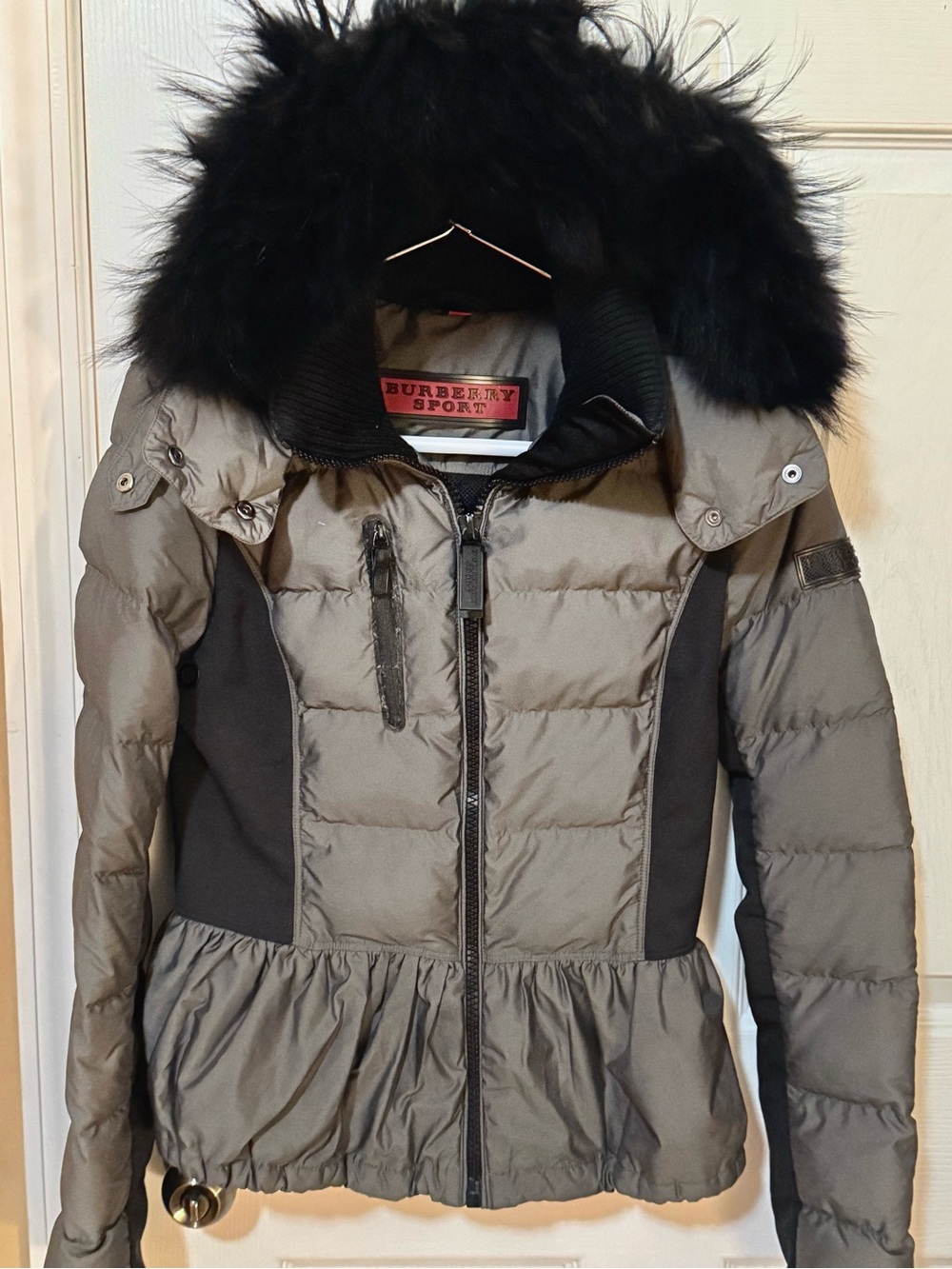 Burberry Olive Gray Puffer Jacket with Black Faux Fur Hood